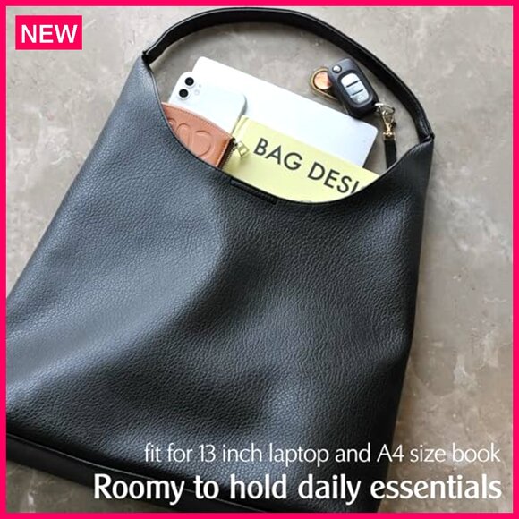 Large Vegan Leather Hobo Tote Bag with Interior Pocket for Laptop - Picture 6 of 7